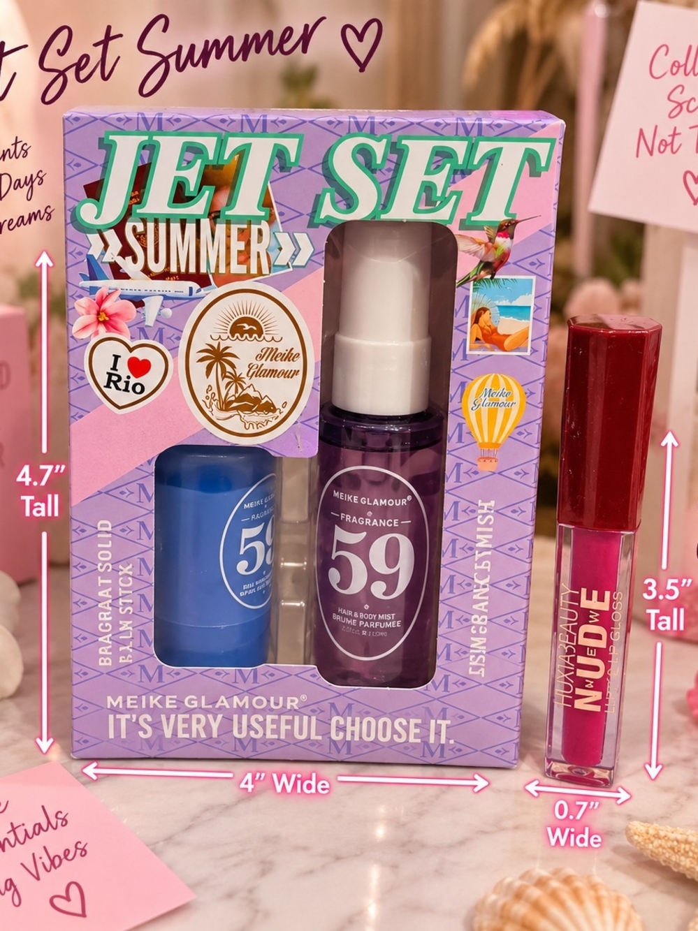 Glamour Jet Set Summer Lip Gloss & Mist Set - Purple, Blue, Pink